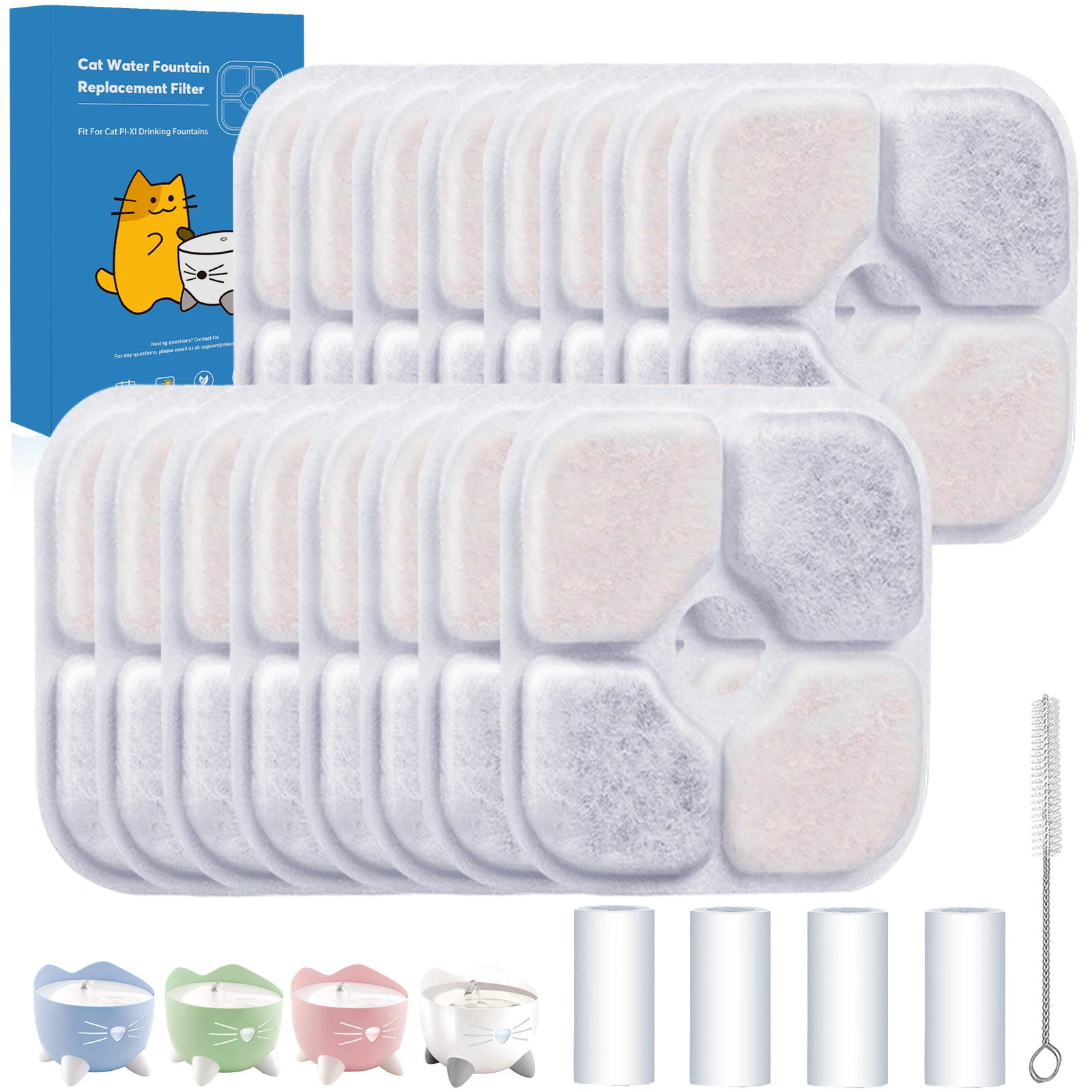 16-Pack Cat Water Fountain Filter Compatible with Pixi Water Fountain Filter Replacement Square Triple Action Pet Water Filter, 4 Pump Tubes 1 Hard Brush